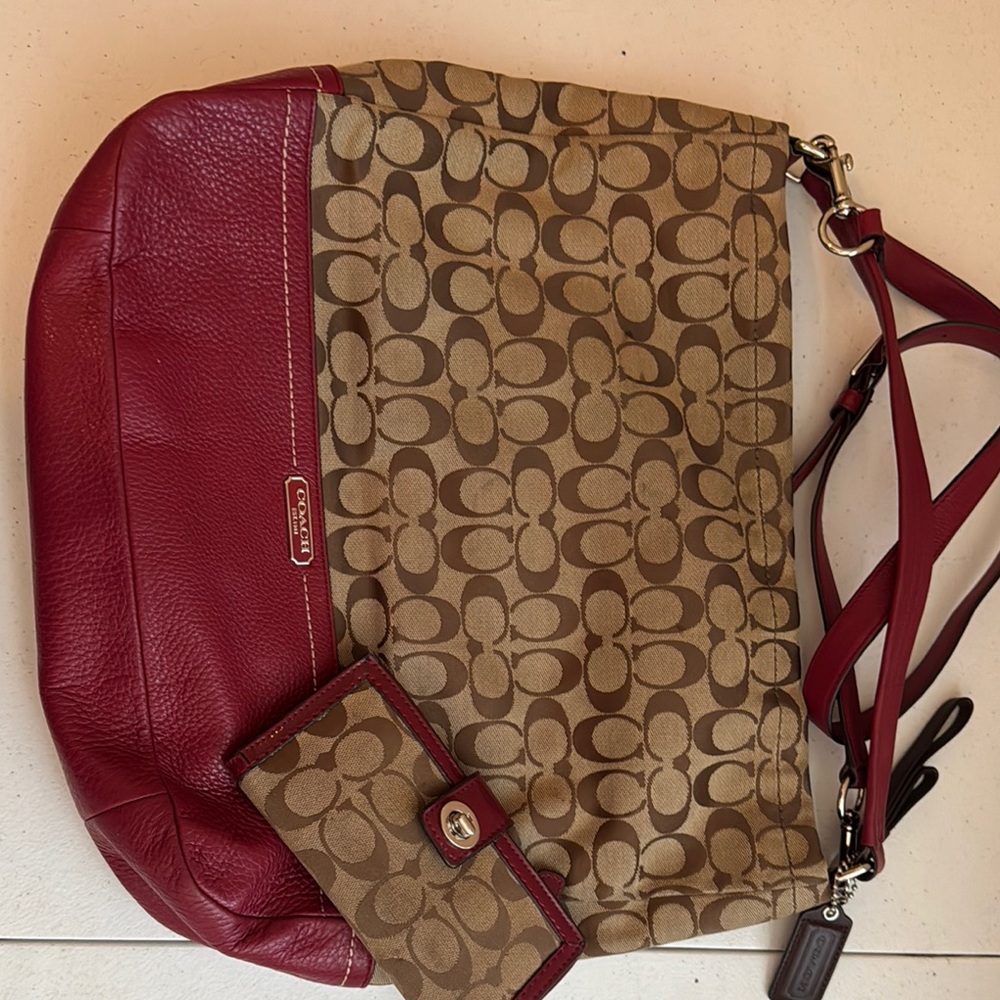 Coach Red and Brown Signature Tote Bag